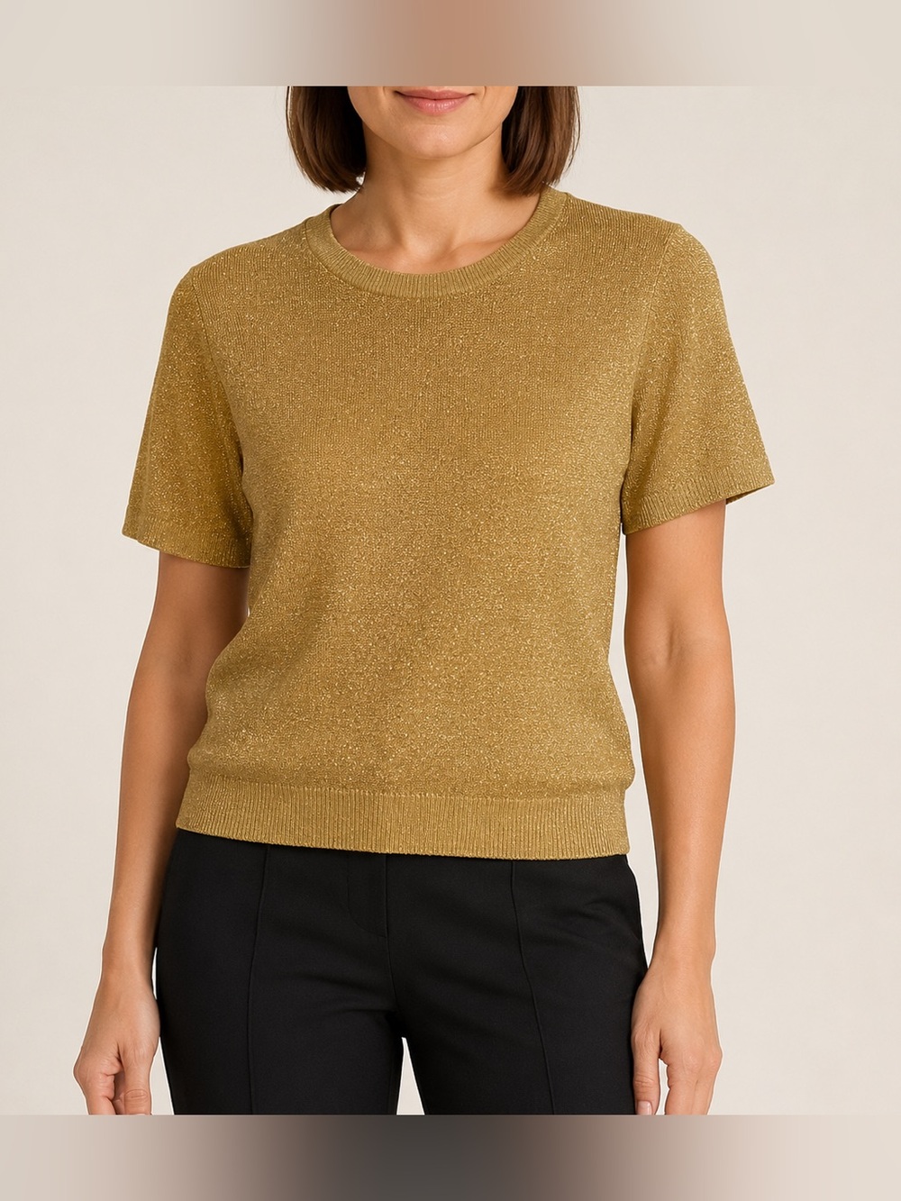 Vtg NEW Alfred Dunner Petite M Gold Lurex Cotton Short Sleev Sweater Made in USA